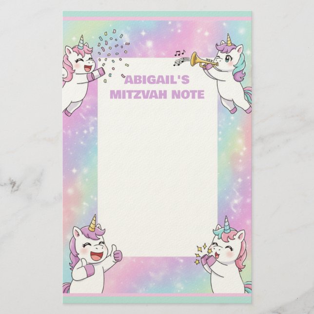 Papelaria Nota Mitzvah Personalizada, Cor-de-Rosa, Unicórnio (Frente)