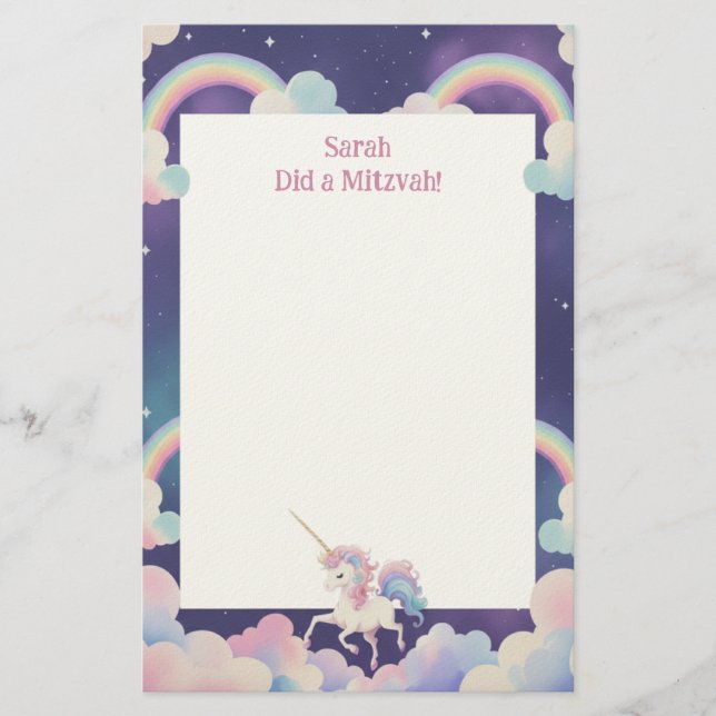 Papelaria Nota Mitzvah Personalizada do Unicorn (Frente)