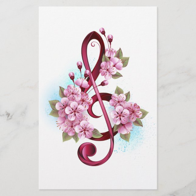 Papelaria Notas de clave de trecho musical com flores de Sak (Frente)