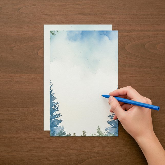 Papelaria Notebook de pinheiros de inverno azul comum (Plain Blue winter pine trees notepad Stationery.)