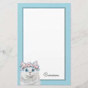 Papelaria O gato floral branco doce   adiciona seu nome