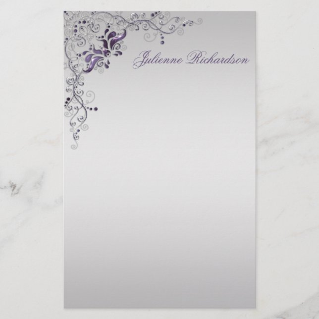 Papelaria Ornamentado Purple Silver Floral Swirls (Frente)