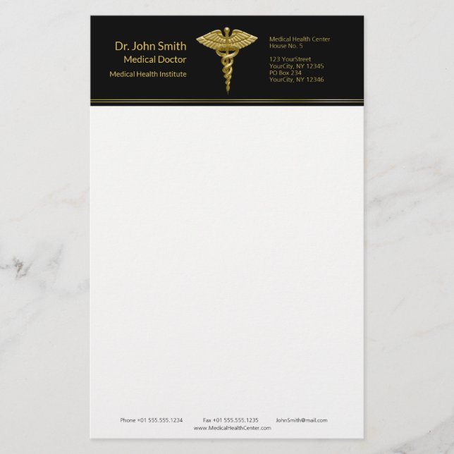 Papelaria Ouro Médico Classy Caduceus em Preto - Material de (Frente)