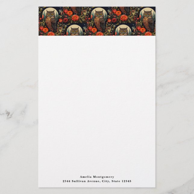 Papelaria Owl at Night with a Full Moon Pattern (Frente)