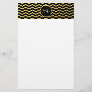 Papelaria Padrão Chevron Preto e Dourado Triplo Monograma