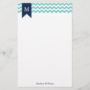 Papelaria Padrão de Aqua Chevrons e Monograma Azul