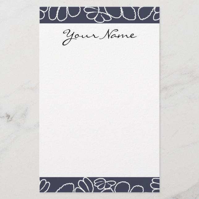 Papelaria Padrão Floral de Ikat Whimsical Azul Marinho Monog (Frente)