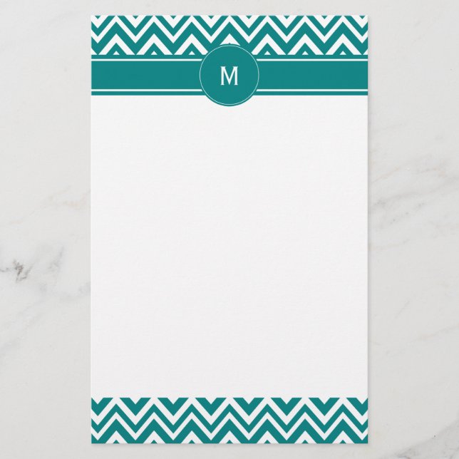Papelaria Padrão Monograma de Teal e Chevron Branco (Frente)