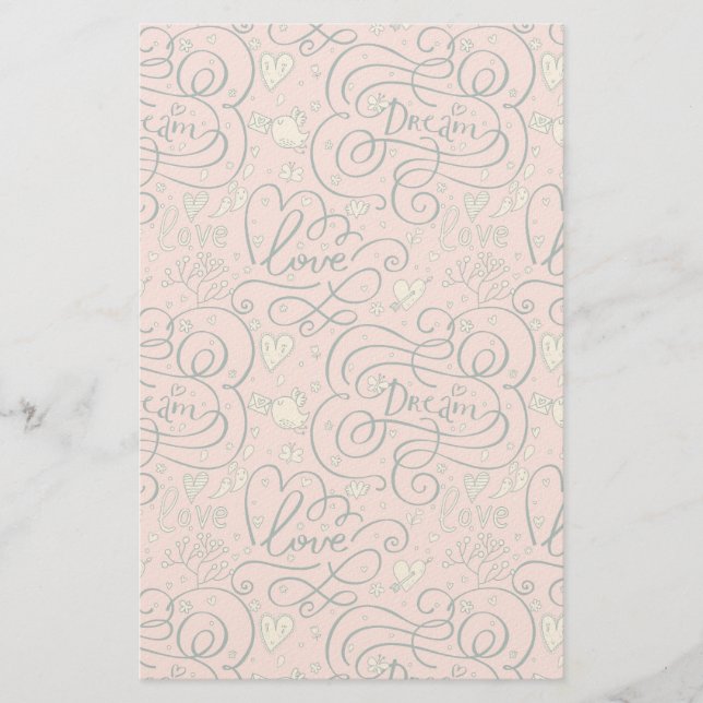 Papelaria Padrão romântico com corações e aves (Frente)