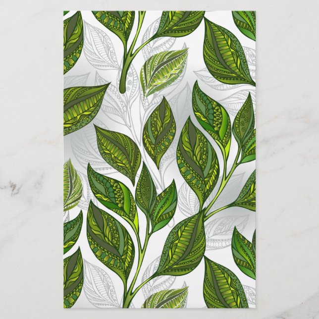 Papelaria Padrão sem costura com folhas verdes de chá (Frente)