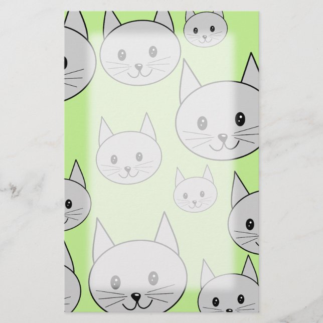 Papelaria Padrões de Gatos em Verde e Cinzas. (Frente)