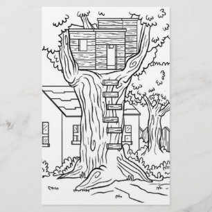 Papelaria Página de colorir a casa de árvores a preto e br
