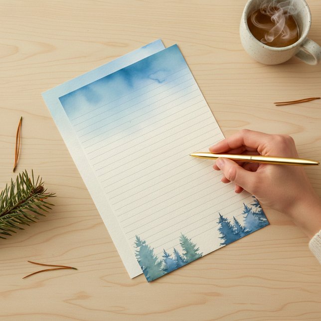 Papelaria Palha azul-de-inverno (Winter blue pine trees lined stationery.)
