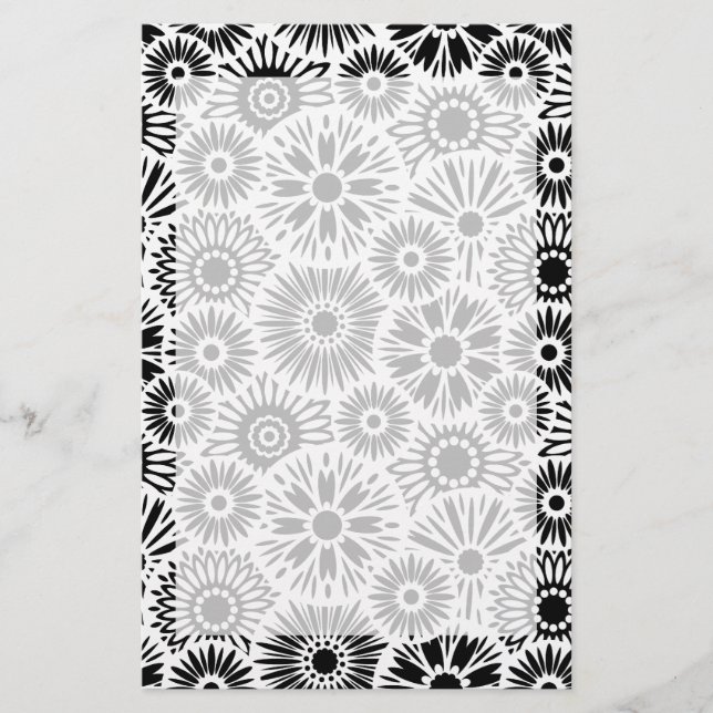 Papelaria Papel de carta floral preto e branco (Frente)