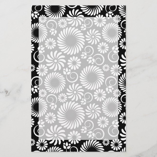 Papelaria Papel de carta floral preto e branco (Frente)