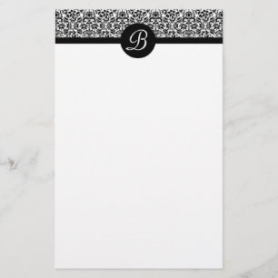 Papelaria Papel de carta Monograma de Damasco Preto e Branco