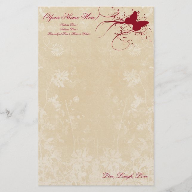 Papelaria Papel de Carta Pessoal da Borboleta (Frente)