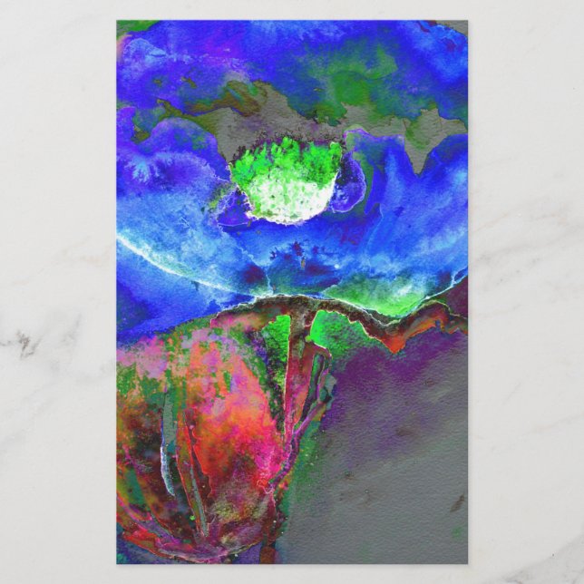 Papelaria papoila azul-abstrato floral azul-aquosa (Frente)