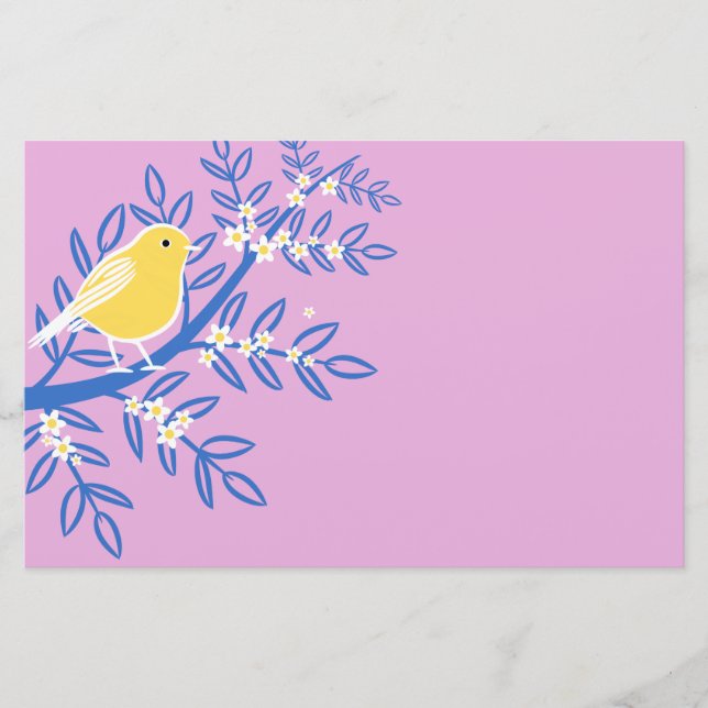 Papelaria Pássaro Amarelo Ilustrado em um Fundo Rosa (Frente)