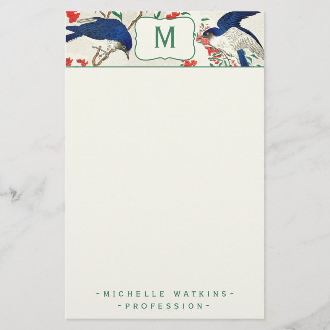 Papelaria Pássaro de Woodblock japonês Elegante Monograma (Frente)