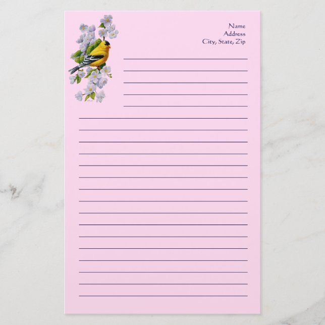 Papelaria Pássaro Goldfinch e Blossomo Rosa (Frente)