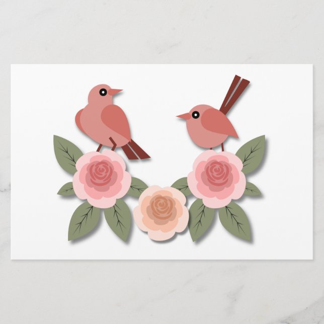 Papelaria Pássaros e Rosas de flores, cor-de-rosa, (Frente)