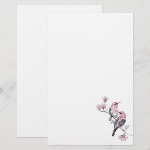 Papelaria Pássaros rosa e pretos em uma ramificação de árvor