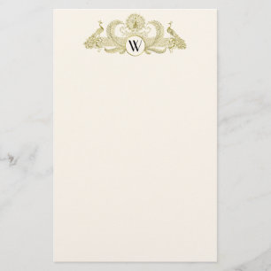 Papelaria Pavões Vintage Monograma Dourado Falso Marfim BG