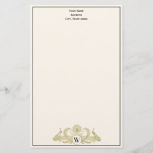 Papelaria Pavões Vintage Monograma Dourado Falso Marfim BG
