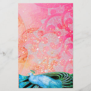 PAPELARIA PEACOCK ELEGANTE, TEAL BLUE SPARKLING PINK FUCHSIA