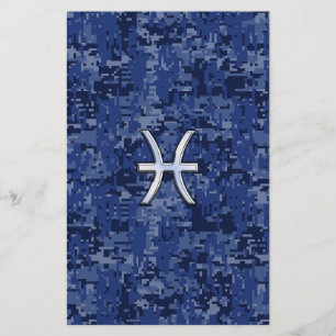 Papelaria Peixes Símbolo Zodiac no Camo Digital Azul Marinh