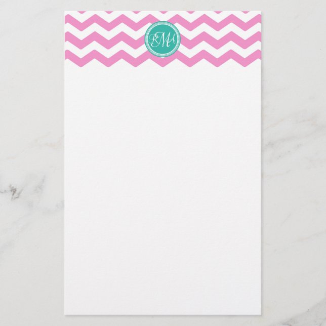 Papelaria Personalizado em Chevron, Rosa e Teal, com Monogra (Frente)