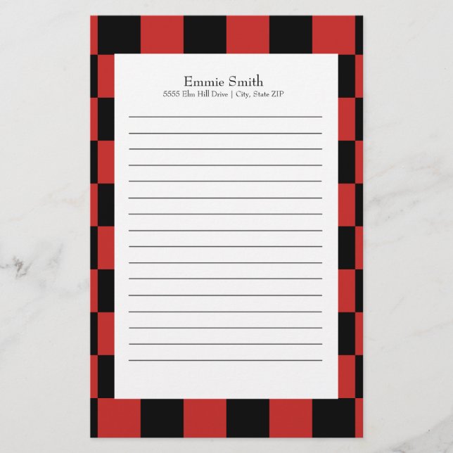 Papelaria Personalizado Vermelho e Preto com Xadrez Branco (Frente)