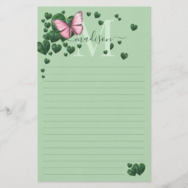 Papelaria Personalized Pink Butterfly with Heart Leaves (Frente)