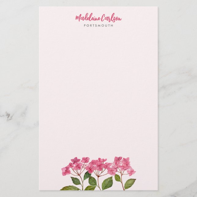 Papelaria Pintura Floral de Hortênsias Rosa em Aquarela (Frente)