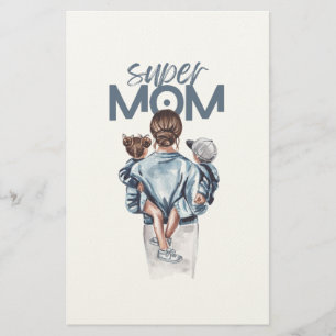 Papelaria Presente Personalizado Super Mãe com Filho e Filha