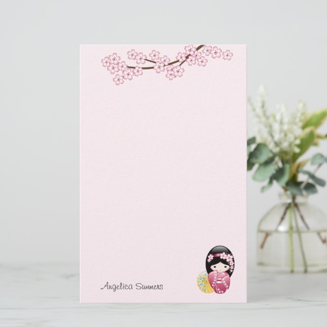 Papelaria Primavera Kokeshi Doll Cute Geisha Girl Rosa (Em pé/Frente)