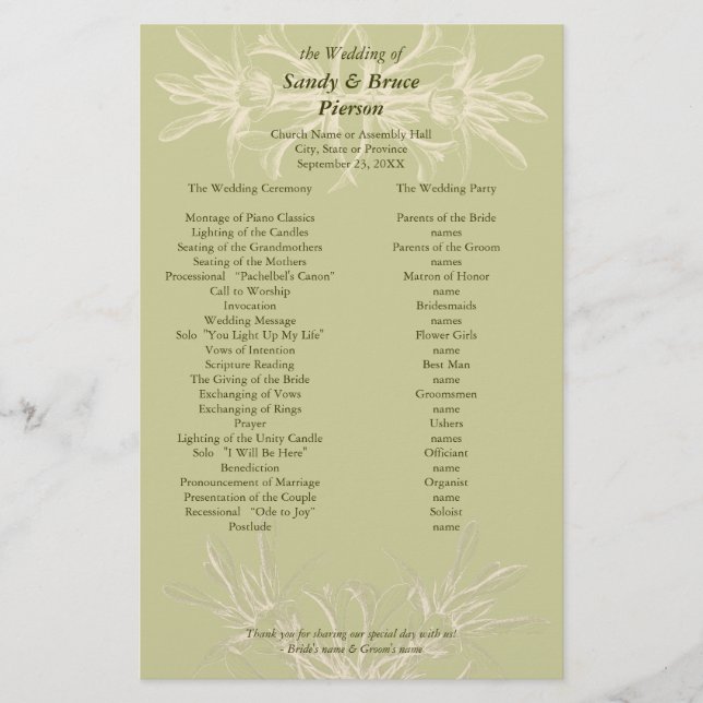 Papelaria Programa Antiquado de Casamento Floral de Oliva (Frente)