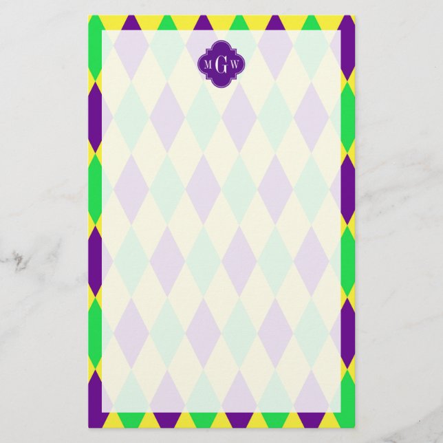 Papelaria Púrpura de Harlequin Verde Púrpura Quat 3 Monogram (Frente)