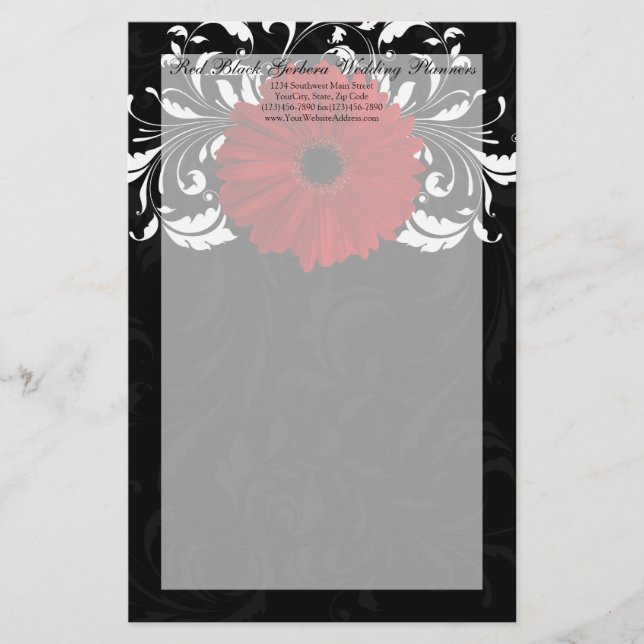 Papelaria Red, Black and White Scroll Gerbera Daisy (Frente)