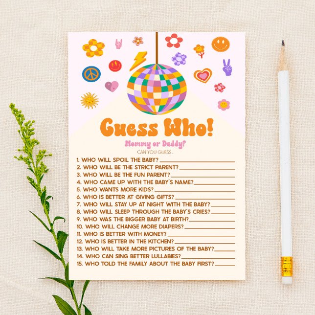 Papelaria Retro 70's Groovy adivinha quem! Jogo do chá de fr (Criador carregado)