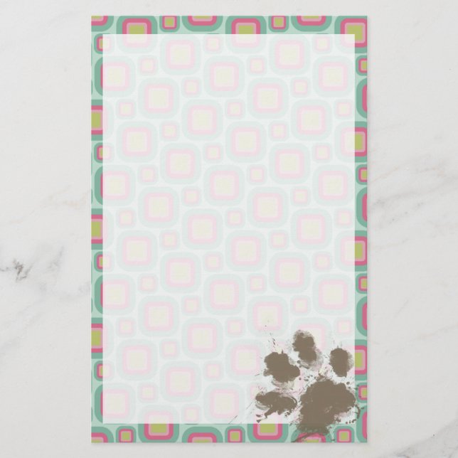 Papelaria Retro Rosa e Mint; Pawprint Engraçado (Frente)