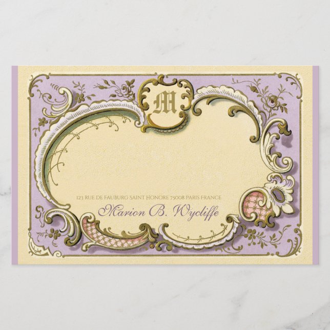 Papelaria Rococo Elegante Francês Quadro Antiquado Lilac Dou (Frente)