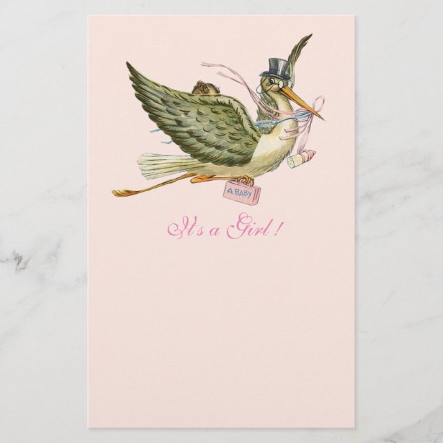 PAPELARIA ROSA CLARO DE CHÁ DE FRALDAS DE GAROTA STORK (Frente)