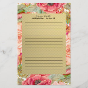 Papelaria Rosa e Vermelho Personalizados Floral e Dourado