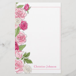 Papelaria Rosa Floral e Rosas Brancas Personalizadas