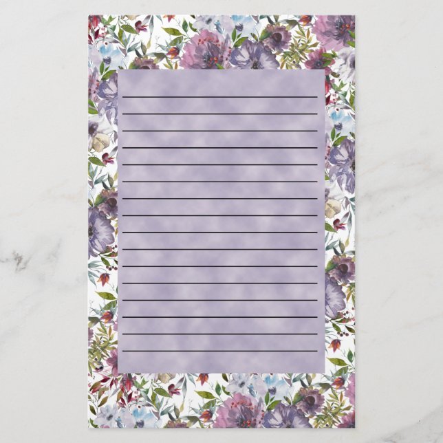 Papelaria Roxo Azul Floral Linedo Aquarela (Frente)