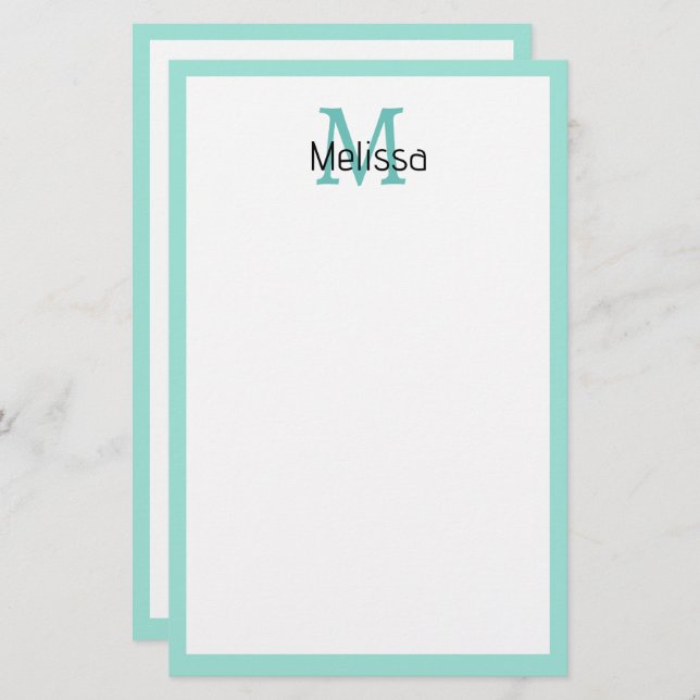 Papelaria Seaglass Sea Green Border Monogram Name Initial (Frente/Verso)
