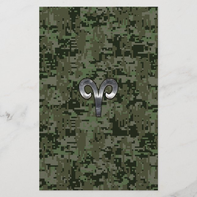 Papelaria Silver Aries Zodiac - Símbolo Verde Digital Camo (Frente)