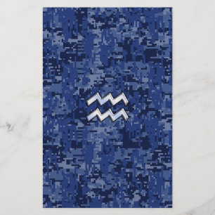 Papelaria Símbolo Aquarius Zodiac no decor azul do camo dig